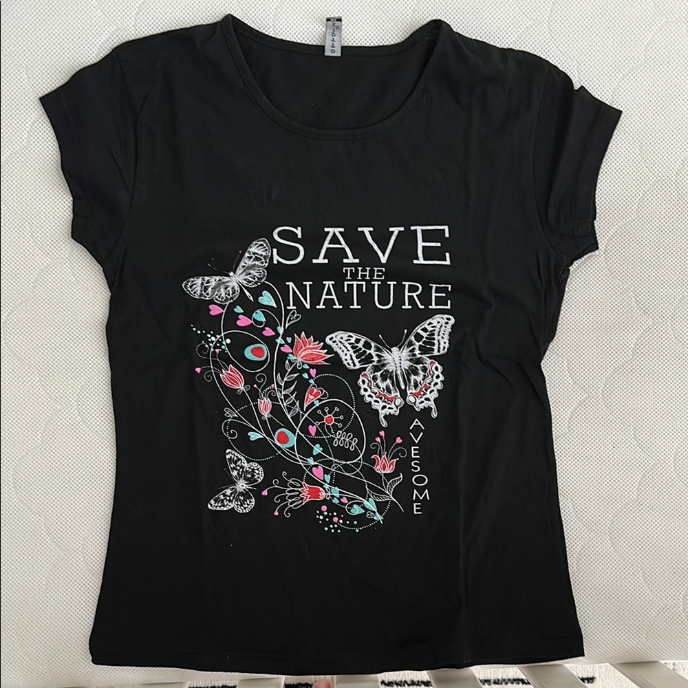 Black Graphic Tee with Butterfly Design